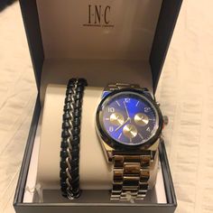 Inc International Concepts Watch Gift Set! Brand New In Box, Box Included Silver Men’s Wristwatch With A Really Pretty Blue Face Matching Black Leather And Silver Bracelet With A Cool Clasp, See Photos Msrp $78 Blue Watch Accessories For Gift, Blue Face, Watch Gift, Watch Gifts, Silver Man, Inc International Concepts, Blue And Silver, Accessories Watches, Wrist Watch