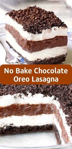 no bake chocolate oreo lasagna cake on a plate with text overlay