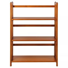 a wooden shelf with three shelves on each side