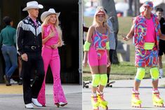 two people in bright outfits and cowboy hats walking down the street