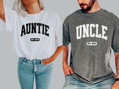 "FREE SHIPPING IN THE US! No order minimum!  Comfort Colors, Aunt and Uncle Established 2024 Shirts, New Aunt, New Uncle, Auntie Shirt, Aunt Shirt, Uncle Shirt. Aunt and Uncle Shirts ♥ The SHIRT  * This is a Comfort Colors 1717 shirt.  * This unisex t-shirt is intended to be loose/oversized for women to give a chic and laid back vibe. If you are looking for an oversized \"T-shirt Dress\" look, we recommend sizing up 2-3 sizes.  * Detailed sizing information can be found in the size chart in the photos.  * Printed in the USA. ♥ CARE  ＊Machine wash cold, inside-out, gentle cycle ＊Wash with mild detergent and similar colors ＊Tumble dry low or hang-dry ＊Do not bleach or fabric softeners ＊Do not iron directly onto the design ＊Do not dry clean ♥ PRODUCTION & SHIPPING ＊Each shirt is made to order New Uncle Shirts, Aunt And Uncle Shirts, Auntie Shirt Ideas, Aunt Shirts For Adults, Uncle Shirt Ideas, Uncle Shirts, Aunt Tshirt, Auntie Vibes, Gender Reveal Outfits