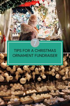 Pinterest pin features a Christmas ornament stall and highlights key tips for a successful Christmas ornament fundraiser. Share your passion for holiday giving with this engaging guide using two images.