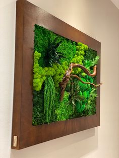 a wooden frame with moss and plants on the wall in a living room or office