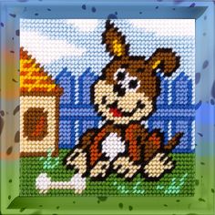 a cross stitch picture of a dog on the ground