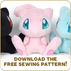 three stuffed animals sitting next to each other with the text, free sewing pattern below