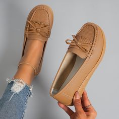 Color: Khaki, Size: 38 Casual Platform Flats With Round Toe, Casual Lace-up Synthetic Heels, Casual Low-top Summer Heels, Casual Slip-on Heels With Textured Sole, Casual Leather Low-top Heels, Brown Casual Round Toe Heels, Casual Beige Lace-up Heels, Casual Synthetic Moccasins With Round Toe, Casual Slip-on Heels With Rubber Sole