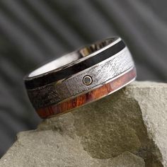 Black Diamond Men's Wedding Band With Meteorite & Obsidian - Jewelry by Johan Inlay Wedding Band, Alternative Men, Meteorite Jewelry, Black Diamond Jewelry, Mens Diamond Wedding Bands, Titanium Rings, Engraved Rings, Mens Wedding Bands, Wedding Men