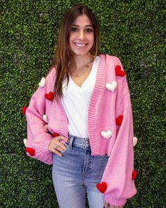 Ainsley Puff Heart Sweater – Prippie Heart Cardigan, Pink Knit Sweater, Silky Top, Pink Wrap, Glitter Gifts, Plaid Vest, Cool Christmas Trees, Puffed Heart, Pink Knit