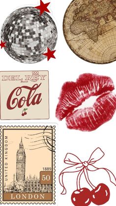 various postage stamps with different things on them including lipstick, a globe and a cherry