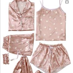 Silk Pajama Set, All Pieces Included Besides The Hair Tie. Never Worn. Color Is Hard To Justify, It Is Like A Rose Gold With White Hearts Feminine Summer Sleepwear Sets, Feminine Sets For Summer Pajama Party, Feminine Summer Sleepover Sets, Feminine Summer Loungewear Sets, Feminine Summer Lounging Sets, Silk Pajama, Silk Pajama Set, White Hearts, Silk Pajamas