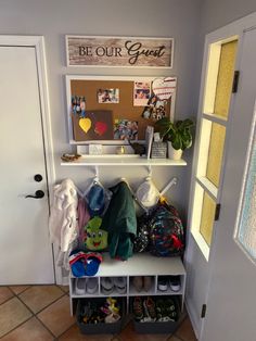 Maximizing a small space for family organization. Backpack Station At Home, Entryway Station, Family Organization Station, Mail Station, Door Shoes, Shoe Organizer Entryway, Family Organization