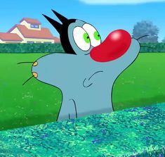 an animated image of a cartoon character in the middle of a field with grass and flowers