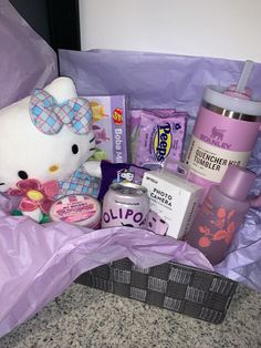 a hello kitty hamper filled with various items