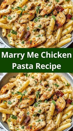 two pictures of pasta with chicken and parmesan cheese