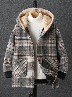 Multicolor Casual Collar Long Sleeve Fabric Plaid Regular Embellished Non-Stretch  Tween Boys Clothing Shein Kids, Fall Winter Jacket, Hooded Trench Coat, Boys And Girls Clothes, Boy Outerwear, Style Cardigan, Fleece Coat, Boys Long Sleeve, Hooded Coat