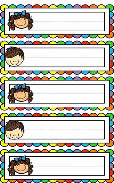 three colorful name tags with children's faces in the middle and one on top