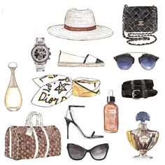 an assortment of women's accessories including sunglasses, handbag, watch and purse