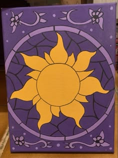 a purple and yellow painting with a sun on it