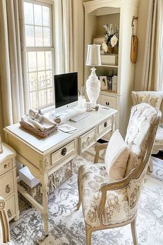 A French country home office with vintage furniture and neutral decor. Office Ideas