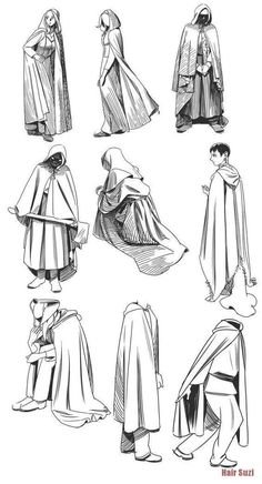 six different types of cloaks in black and white