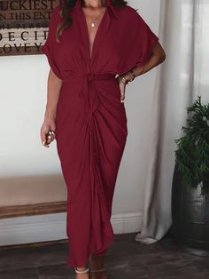 Twisted Elegance: Women's V-Neck Pleated Dress Flowy V-neck Dress With Surplice Neckline For Date Night, Flowy V-neck Mini Dress For Formal Occasions, Fall V-neck Ruched Midi Dress, Elegant Formal V-neck Dress In Solid Color, Pleated V-neck Maxi Dress For Brunch, V-neck Pleated Maxi Dress For Brunch, Elegant Flowy V-neck Dress With Surplice Neckline, Formal Flowy V-neck Dress, Elegant V-neck Dress With Pleated Waist For Spring