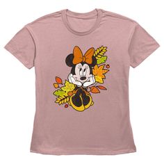 Who knew that dressing "mousey" could be so cute!? Celebrate Walt Disney's most iconic character with this officially licensed Women's Minnie Mouse Autumn Leaves Portrait Graphic Straight Fit T-Shirt! This fun tee features a portrait of Minnie Mouse sitting across the front with yellow, orange, and brown fall leaves in the background. Celebrate the magic of fall in style this year with fun Minnie Mouse apparel for the whole family! Disney Character Print T-shirt For Fall, Cute Minnie Mouse Tops For Fall, Cute Mickey Mouse Tops For Fall, Fall Mickey Mouse Crew Neck T-shirt, Cotton Mickey Mouse T-shirt For Fall, Mickey Mouse T-shirt For Disney Fan Events In Fall, Portrait Graphic, Desert Pink, Minnie Mouse Outfits