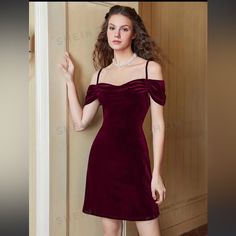 Size Medium Maroon Cold Shoulder Adjustable Straps Velvet Maroon Graduation Dress, Dresses Shein, Maroon Dress, Shein Dress, Shein Dresses, Collar Dress, Velvet Dress, Graduation Dress, Cute Dresses