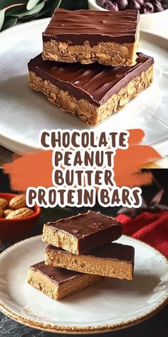 three pieces of chocolate peanut butter protein bars stacked on top of each other with text overlay