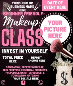 Make Up Class Flyer, Makeup Workshop Poster, Makeup Class Ideas, Makeup Class Flyer, Business Paperwork, 2023 Resolutions, Course Flyer