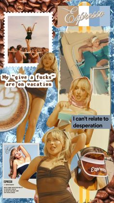 a collage of photos with coffee beans and women in bikinis on the beach