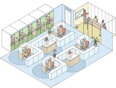 an office with several cubicles and people working at desks in the same room