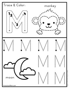 trace and color worksheet for letter m with monkey, moon and clouds in the background