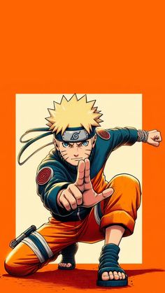 naruto pointing to the right with his finger up in front of an orange background