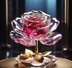 a pink rose sitting on top of a glass plate