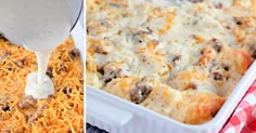 a casserole dish with cheese being drizzled over it and then topped with sausage