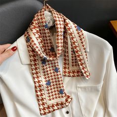 A beautiful layering piece! High quality 100% Polyester Dry clean or hand wash cold with light colors, lay flat to dry, iron on lowest setting if needed, do not bleach. Ribbon Pattern, Silk Fashion, Satin Bags, Fashion Scarf, Printed Ribbon, Scarf Women, Neck Ties, Body Chain Jewelry, Fashion Pattern