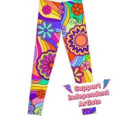 Super stretchy and durable polyester full-length leggings. Vibrant high-quality sublimation print across the front and back. Size range XXS-XL. A happy and cheerful 1970's hippie and flower power inspired design with groovy swirls in multi-colors. Flower Power Pattern, Fitted Retro Print Groovy Bottoms, Spring Graphic Print Stretch Leggings, Flower Power Hoodie, 1970s Hippie, Flower Power, Sublimation Printing, Multi Color, Leggings