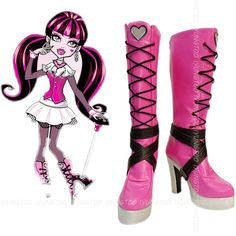 a pair of pink high heeled boots with black laces on the bottom and side