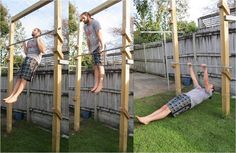 a man is doing pull ups in the yard