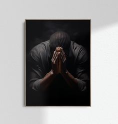 a painting of a man covering his face with both hands while standing in front of a white wall