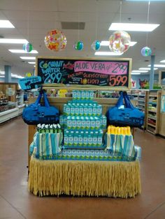 a store display with blue and yellow items