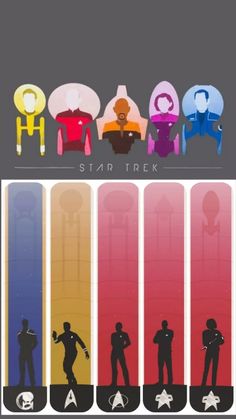 the star trek movie poster is shown in different colors and sizes, with silhouettes of people