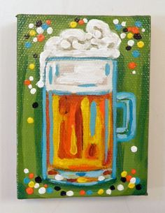 a painting of a beer mug with foamy bubbles in it on a green background