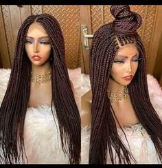 This braided wig is 30 inches long but it can be customise to the customer's taste. it is made with lace front human hair lace, kanekalon hair and with wine red colour extensions. it is  sleek and natural looking box braids. it is 100% handmade. the shipping cost is free worldwide  to order for this wig, kindly enter the information- enter: your preferred extension color(s) cap size(small/medium/large) desired length of braids/twists with/without baby hairs phone number and email address (for sh Knotless Braided Wig, Front Braids, Lace Braid, Box Braid Wig, Micro Braids