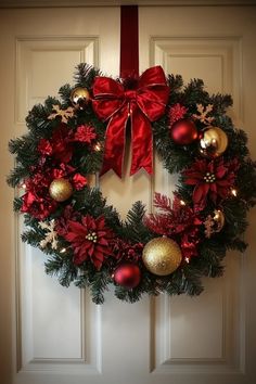 Christmas wreath with red and gold ornaments, poinsettias, and a red bow hanging on a door. Christmas Decor Wreath, Beautiful Christmas Wreaths, How To Decorate A Christmas Wreath, Christmas Wreaths Diy Easy Front Doors, Homemade Wreaths Diy, Christmas Decorations For Door, Xmas Wreaths Ideas, Christmas Decor Ideas 2024, Door Decoration For Christmas