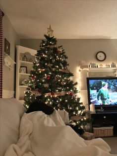 a living room with a christmas tree in the corner and a tv on top of it