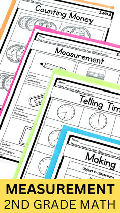 measurement, counting money, telling time worksheets, 2nd grade math activities Time Worksheets 2nd Grade, Worksheets 2nd Grade, 2nd Grade Books, Math Hacks, Pocket Charts, Measurement Worksheets, Measurement Activities, Math Charts, Math Madness