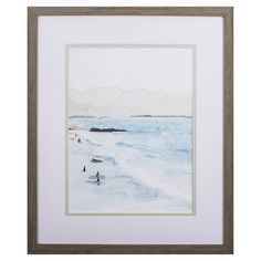 a watercolor painting of surfers on the beach