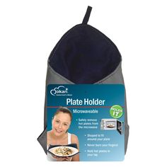 an oven mitt with a woman holding a plate in it's hand and the cover over her face