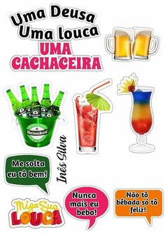 various stickers with different types of drinks and beverages on them, all in different languages